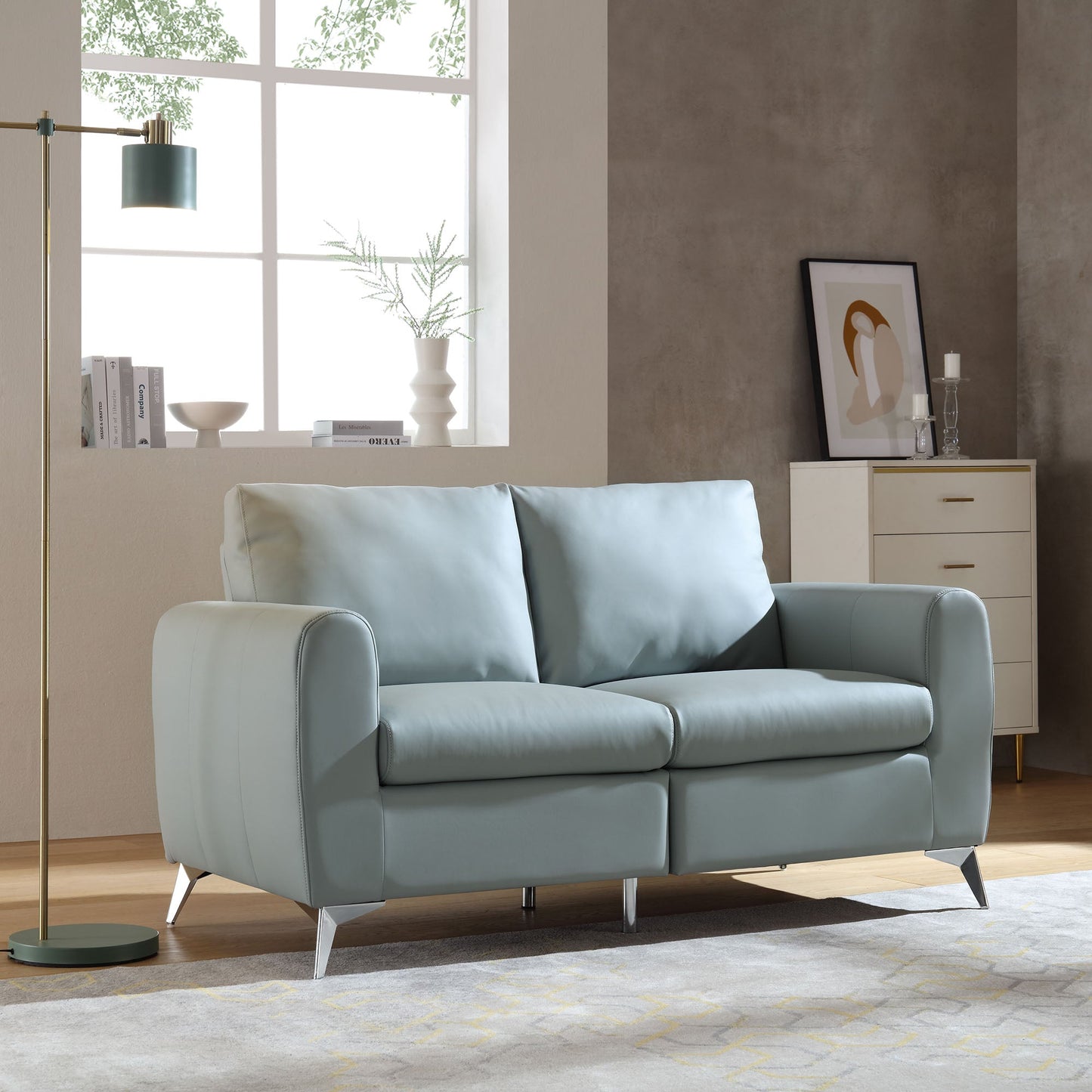 Canapé 2 places Noak en similicuir gris avec pieds chromés