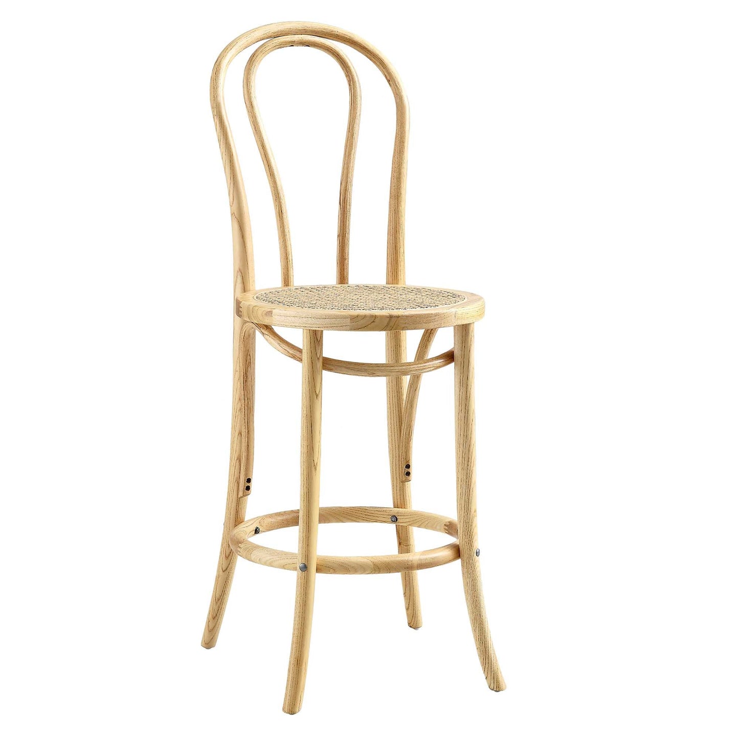 Tabouret de bar Camille en bois d'orme et rotin courbé, naturel
