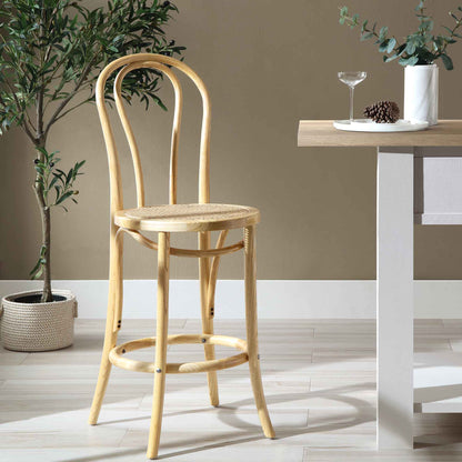 Tabouret de bar Camille en bois d'orme et rotin courbé, naturel