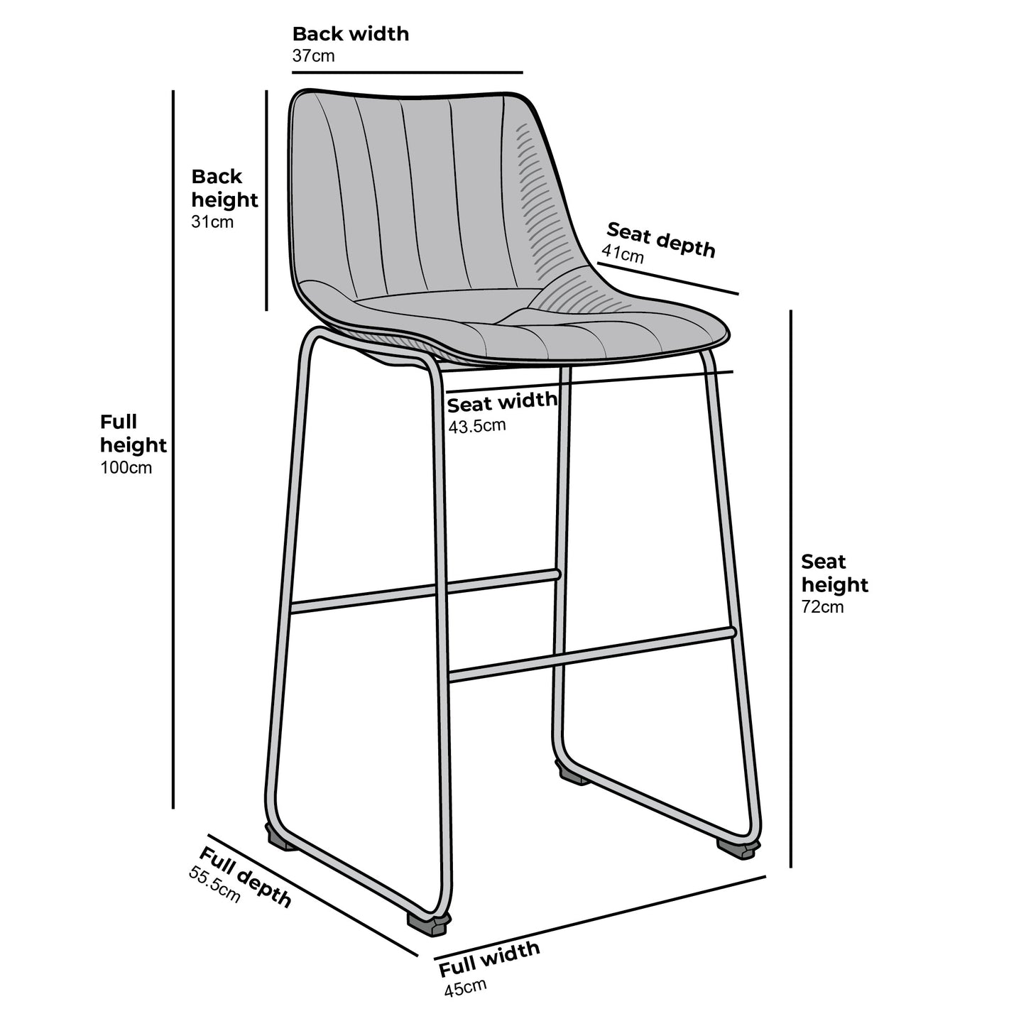 Ensemble de 2 tabourets de bar Sutton avec dossier cannelé (velours gris)