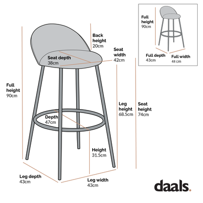 Lot de 2 tabourets de bar Barton en velours gris avec passepoil contrasté
