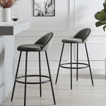Lot de 2 tabourets de bar Barton en velours gris avec passepoil contrasté