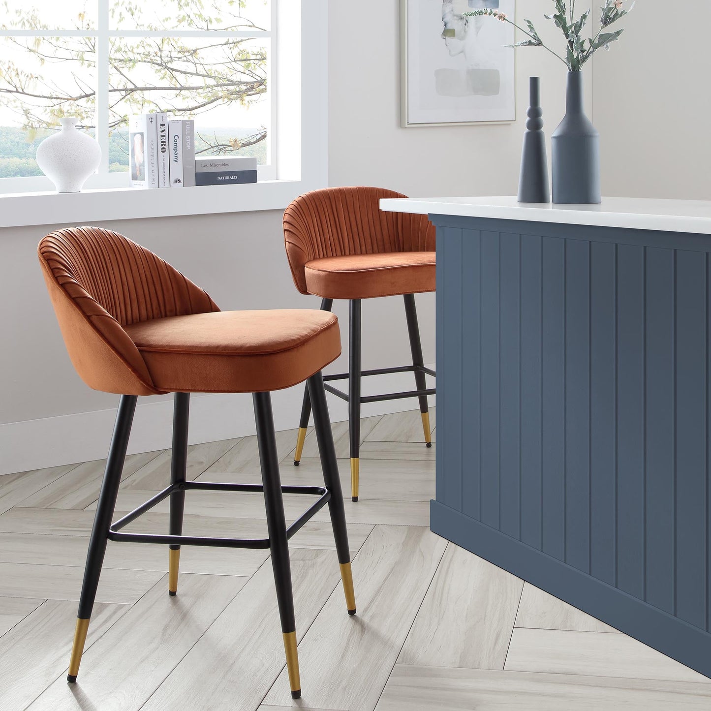 Lot de 2 tabourets de bar rembourrés en velours plissé orange brûlé Miyae