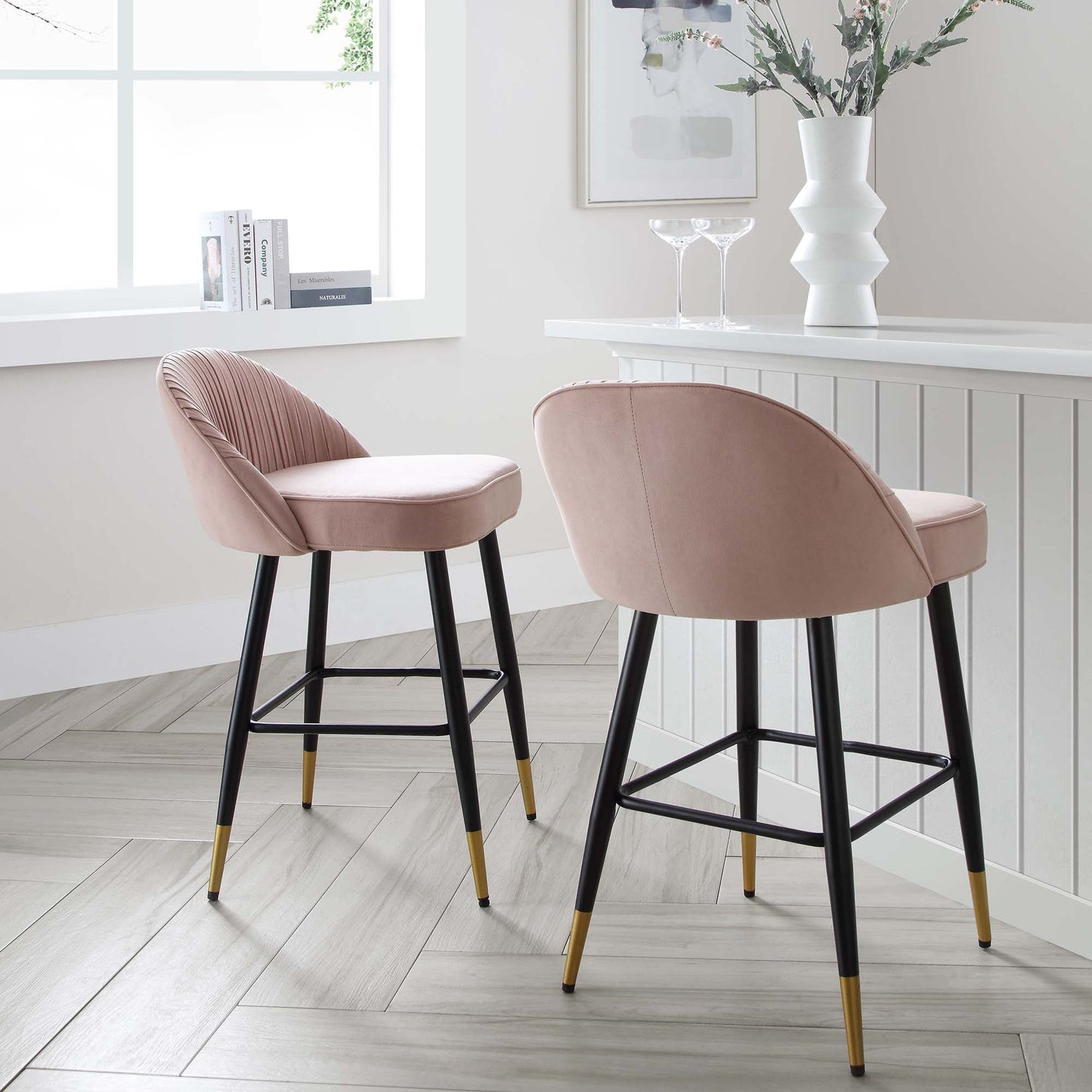 Lot de 2 tabourets de bar rembourrés en velours rose pâle plissé Miyae