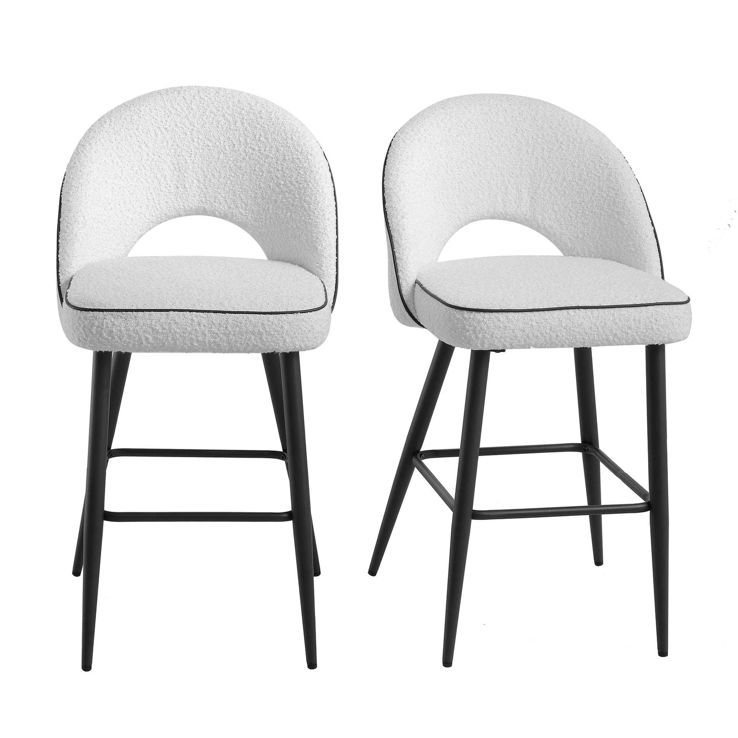 Ensemble de 2 tabourets de bar Oakley blancs en tissu bouclé avec passepoil contrasté