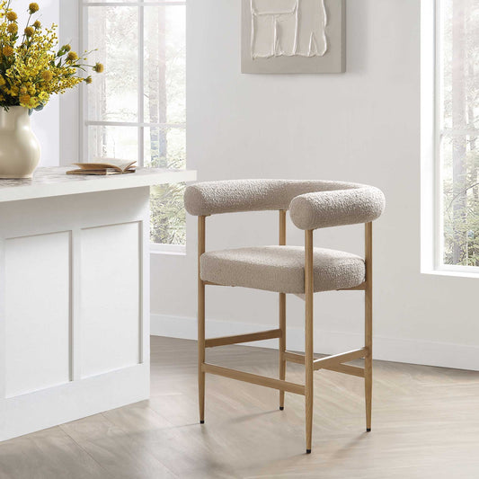Tabouret de bar Fulbourn Taupe Boucle avec pieds effet bois naturel