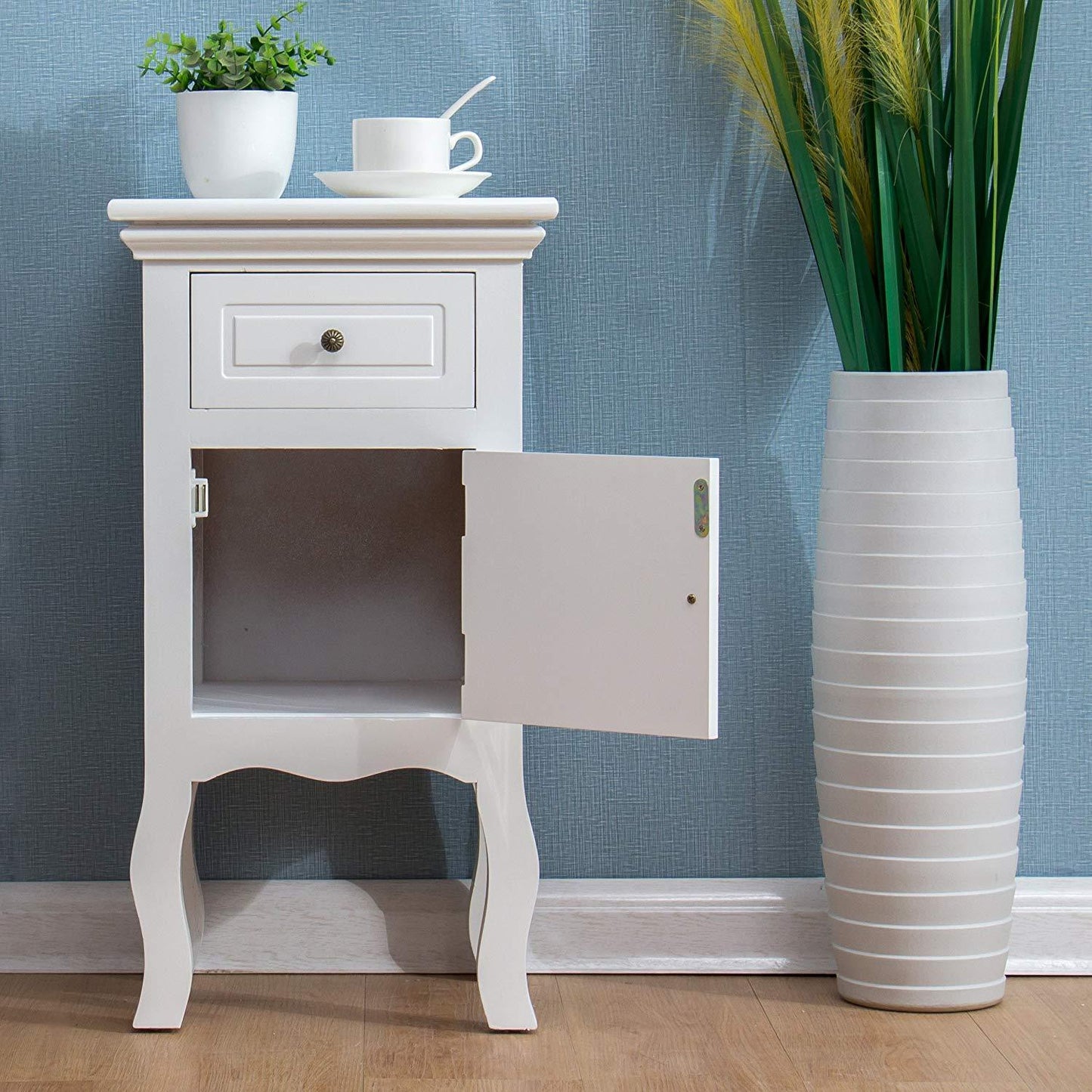 Table de chevet en bois blanc à 1 porte et 1 tiroir