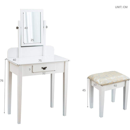 Coiffeuse blanche à 1 tiroir avec tabouret et miroir carré simple