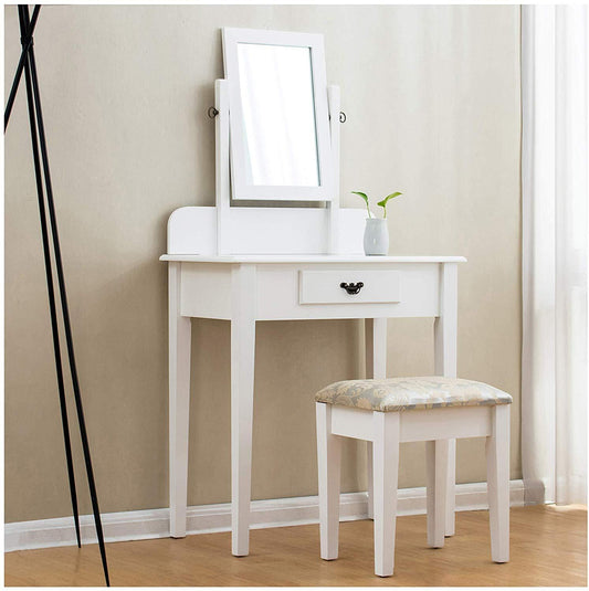 Coiffeuse blanche à 1 tiroir avec tabouret et miroir carré simple