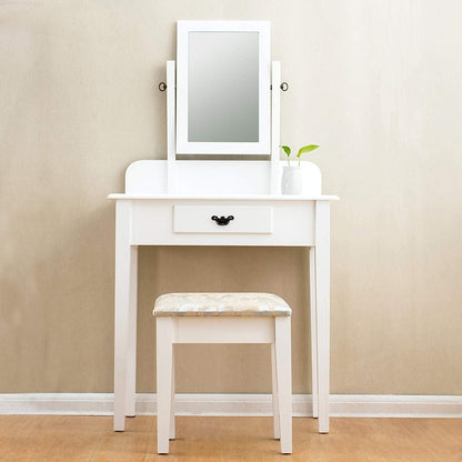 Coiffeuse blanche à 1 tiroir avec tabouret et miroir carré simple