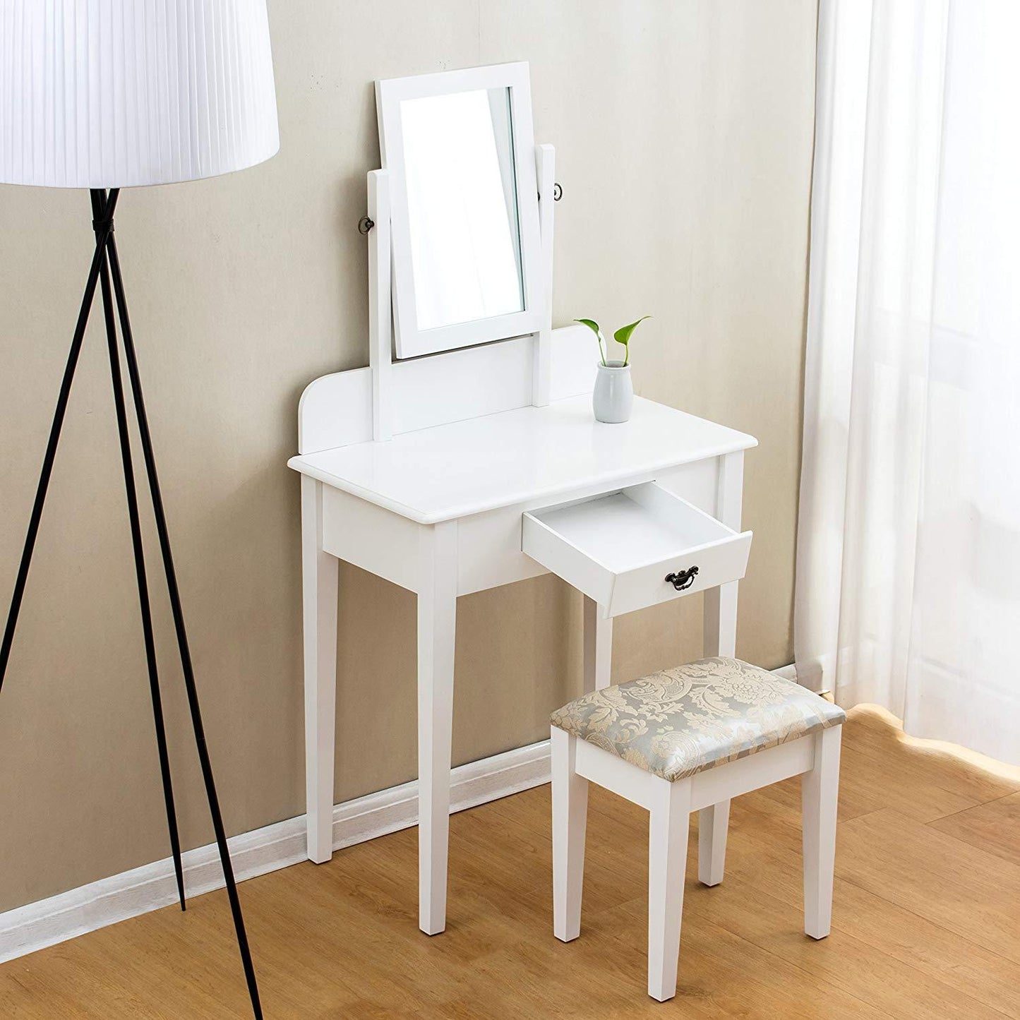 Coiffeuse blanche à 1 tiroir avec tabouret et miroir carré simple