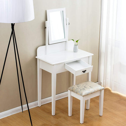 Coiffeuse blanche à 1 tiroir avec tabouret et miroir carré simple