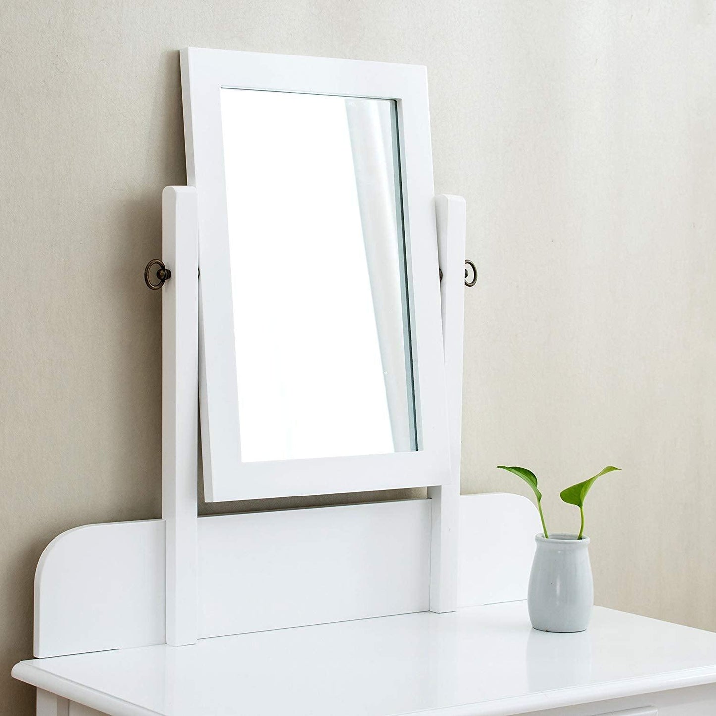 Coiffeuse blanche à 1 tiroir avec tabouret et miroir carré simple