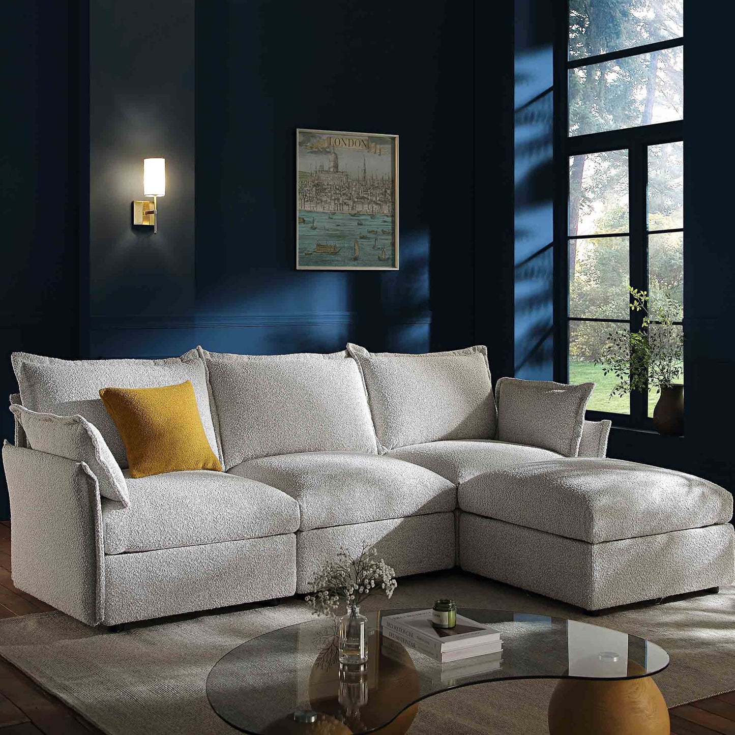 Canapé modulaire Byron Pillow Edge Mist Grey Boucle, méridienne 3 places