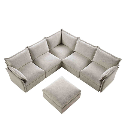 Canapé d'angle modulable 5 places et tabouret Byron Pillow Edge Mist Grey Boucle