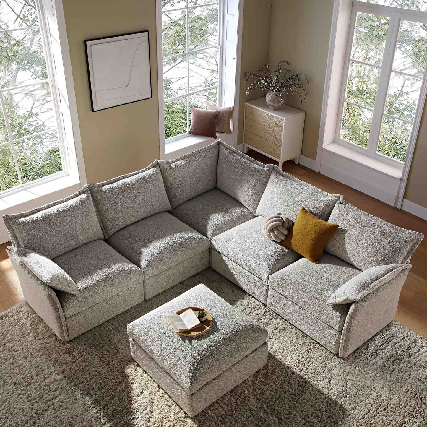 Canapé d'angle modulable 5 places et tabouret Byron Pillow Edge Mist Grey Boucle