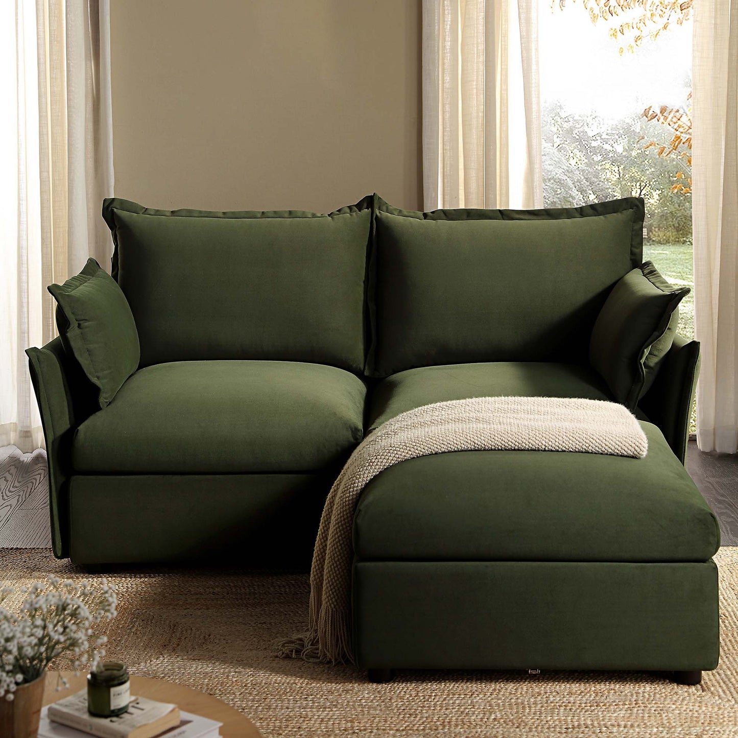 Canapé modulaire Byron Pillow Edge en velours vert mousse, méridienne 2 places