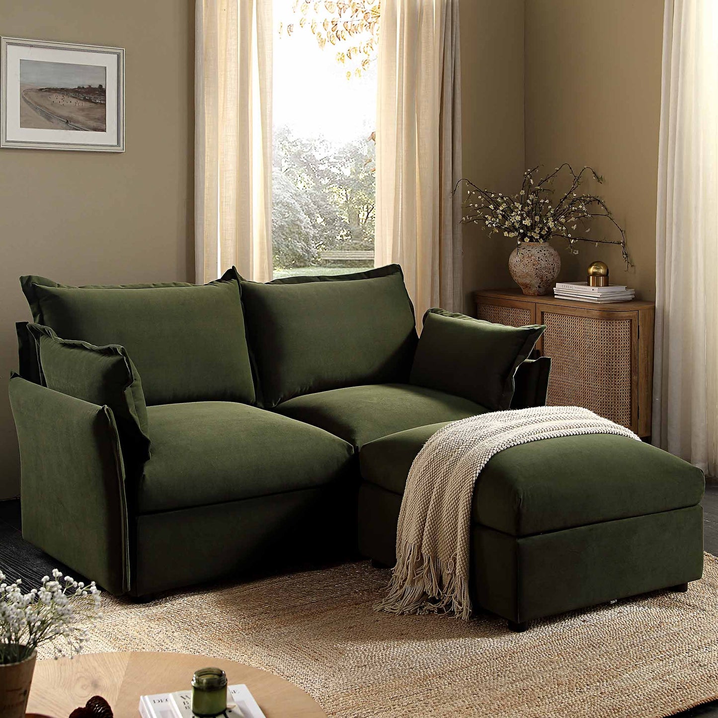 Canapé modulaire Byron Pillow Edge en velours vert mousse, méridienne 2 places