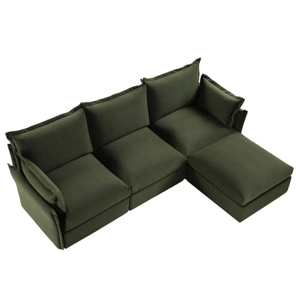 Canapé modulaire Byron Pillow Edge en velours vert mousse, méridienne 3 places