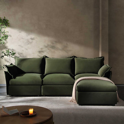 Canapé modulaire Byron Pillow Edge en velours vert mousse, méridienne 3 places