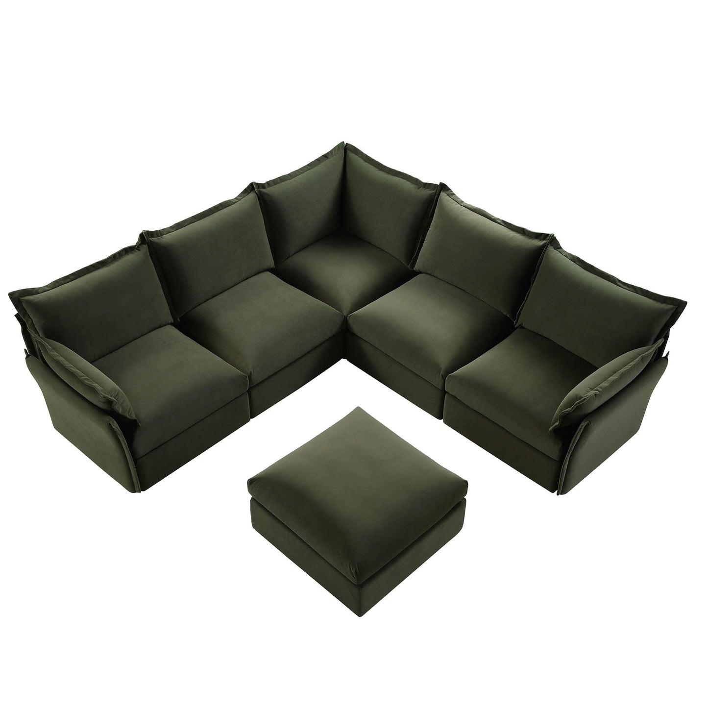 Canapé d'angle modulable 5 places et tabouret Byron Pillow Edge en velours vert mousse