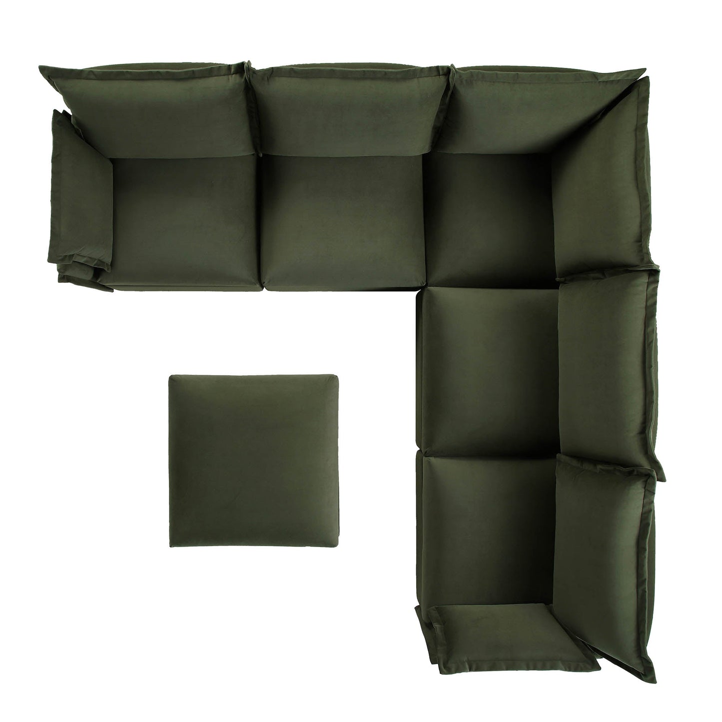 Canapé d'angle modulable 5 places et tabouret Byron Pillow Edge en velours vert mousse