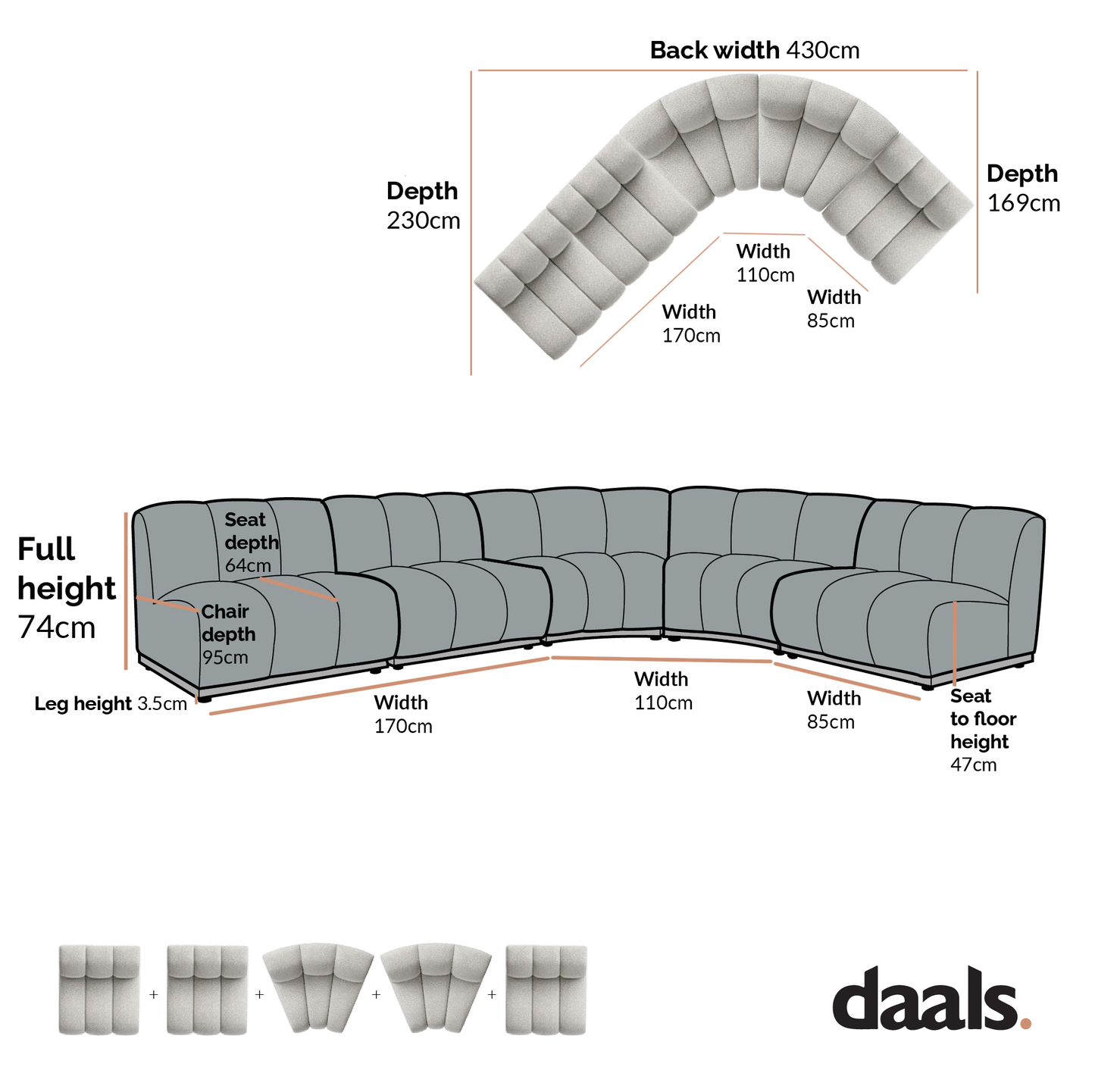 Canapé Modulable Granvia Taupe Boucle, Grand Canapé 5 Places en L