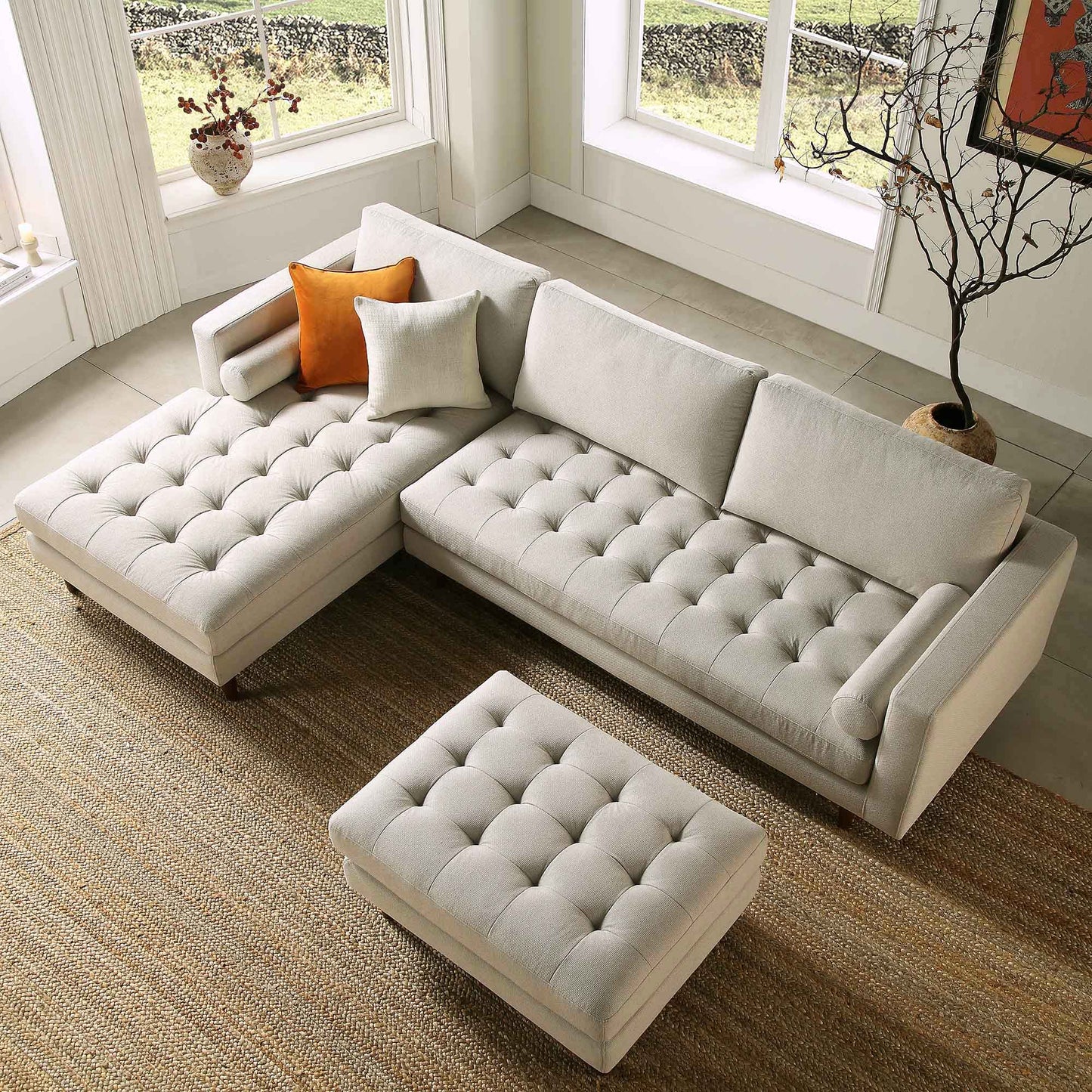 Canapé méridienne 4 places Henrietta en tissu tissé beige, orientation gauche