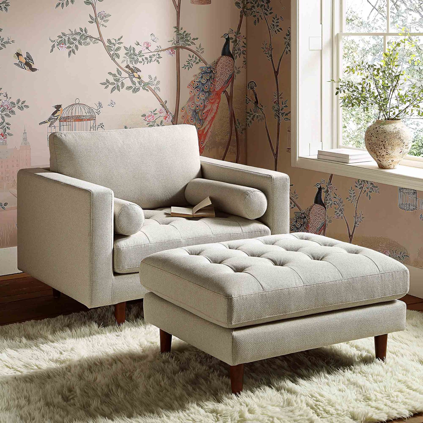 Pouf Henrietta, tissu tissé beige