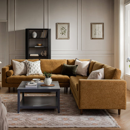 Canapé d'angle 5 places Henrietta, chenille miel épicé