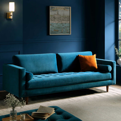 Grand canapé 3 places Henrietta, velours bleu sarcelle