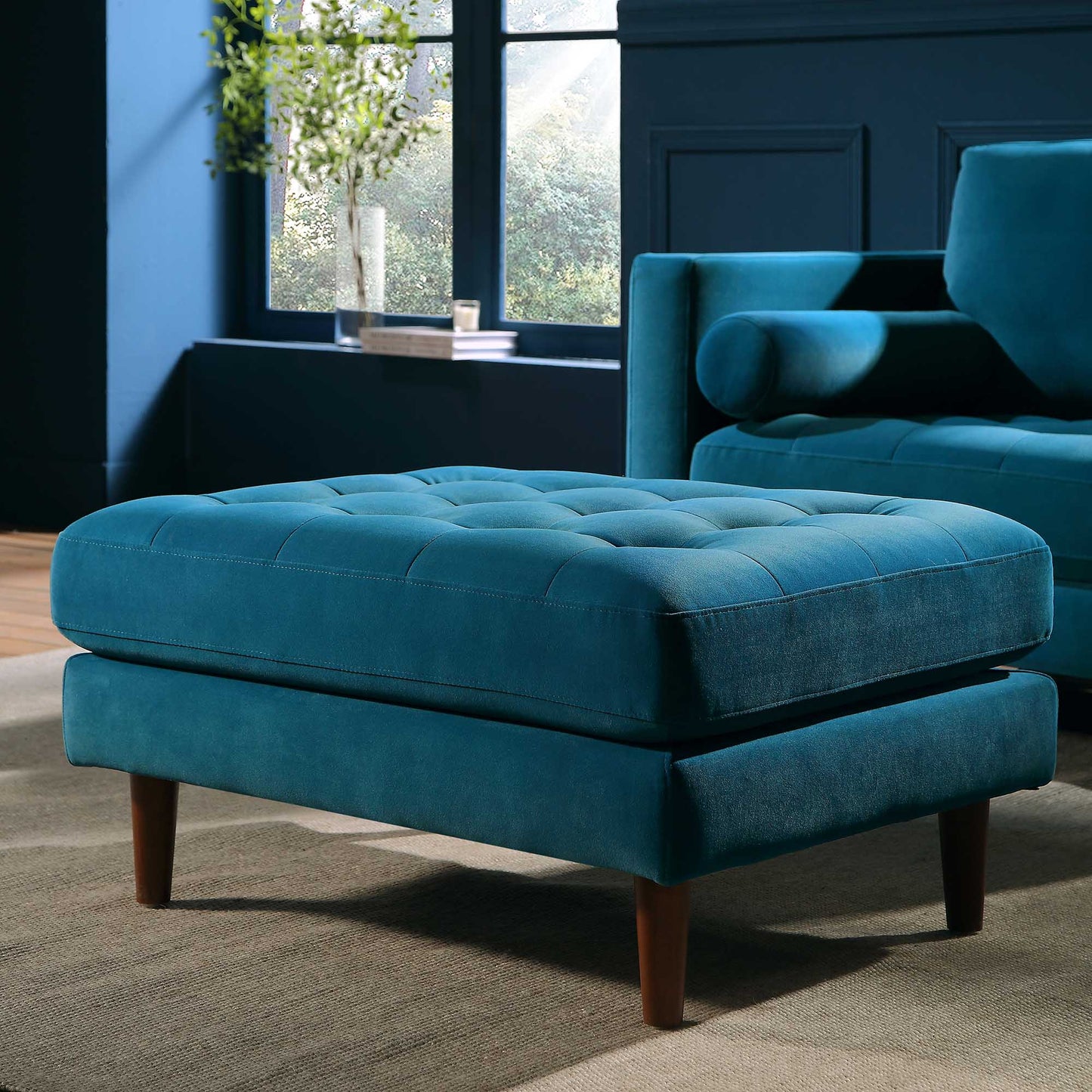 Pouf Henrietta, velours bleu sarcelle