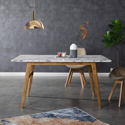 Table à manger 6 places effet marbre blanc ASCONA avec pieds en chêne massif