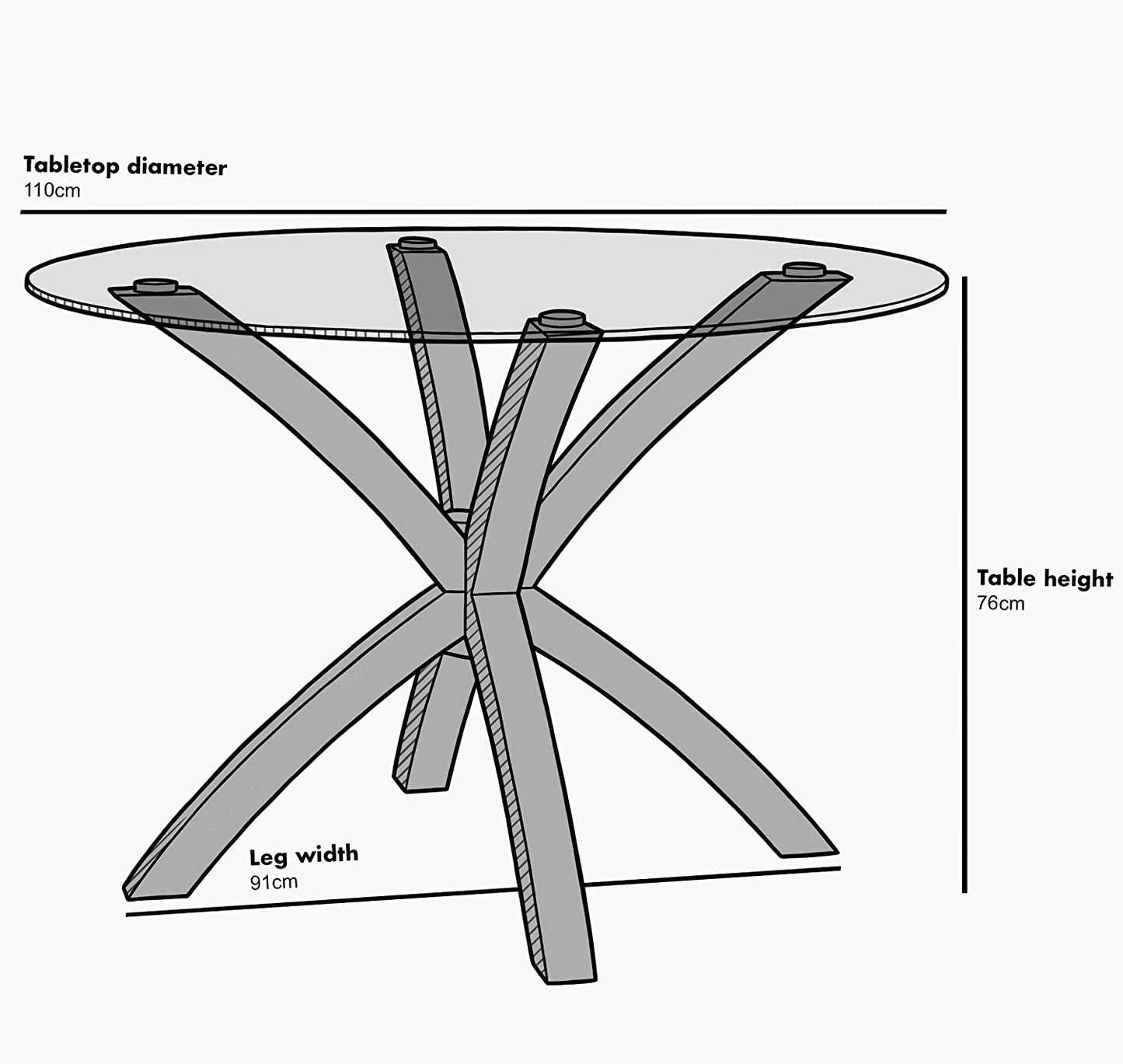 Table à manger ronde Lugano 110 cm avec plateau en verre et pieds en chêne massif