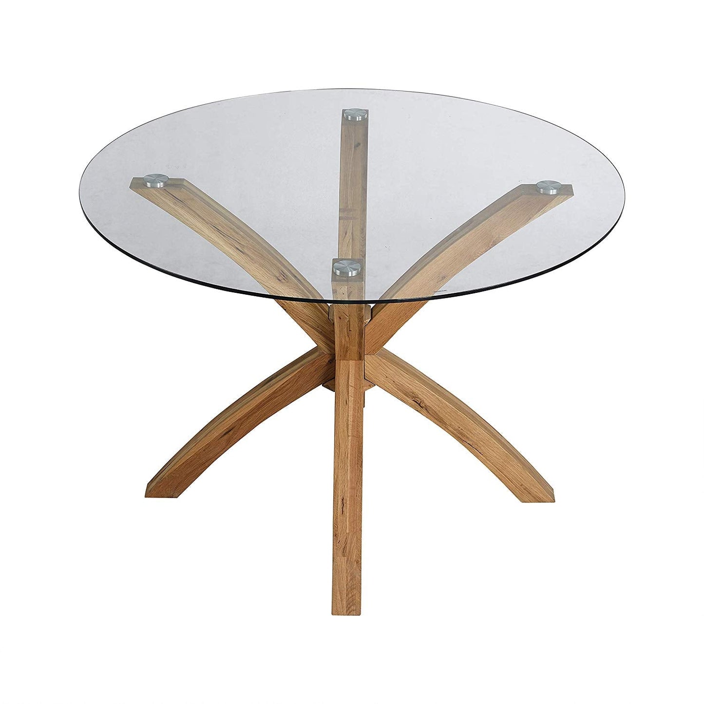 Table à manger ronde Lugano 110 cm avec plateau en verre et pieds en chêne massif