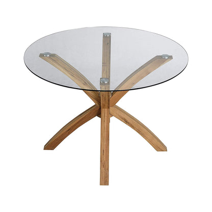Table à manger ronde Lugano 110 cm avec plateau en verre et pieds en chêne massif