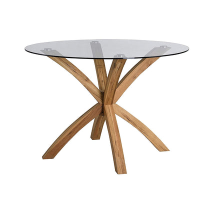 Table à manger ronde Lugano 110 cm avec plateau en verre et pieds en chêne massif