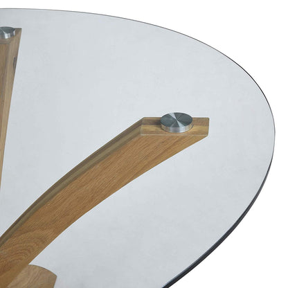 Table à manger ronde Lugano 110 cm avec plateau en verre et pieds en chêne massif