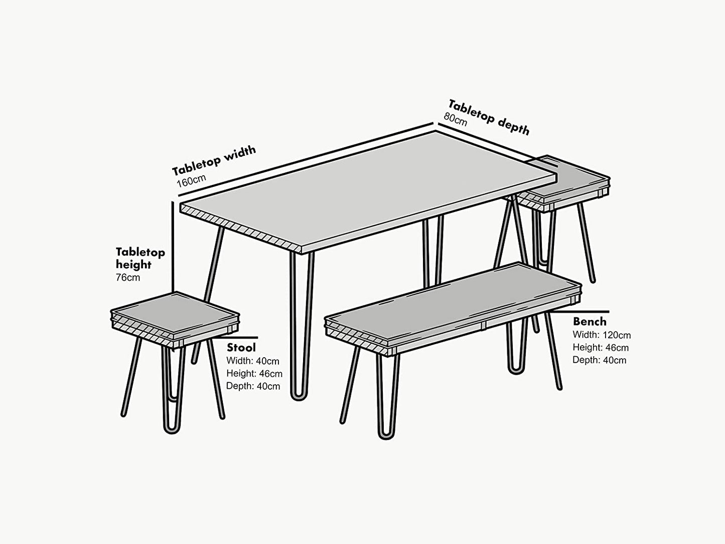Ensemble table à manger en chêne MEILEN avec 2 tabourets et 1 banc