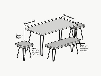 Ensemble table à manger en chêne MEILEN avec 2 tabourets et 1 banc