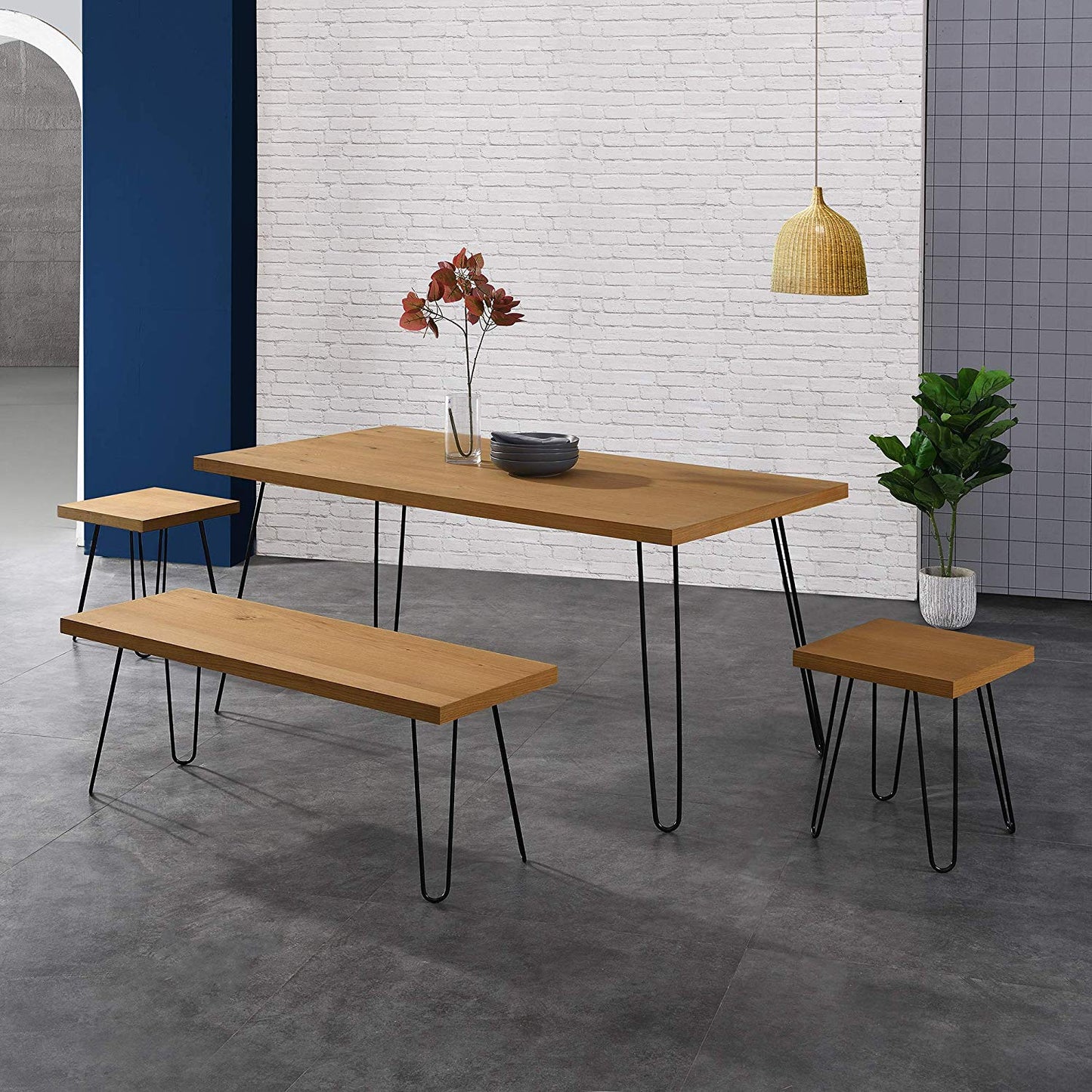 Ensemble table à manger en chêne MEILEN avec 2 tabourets et 1 banc