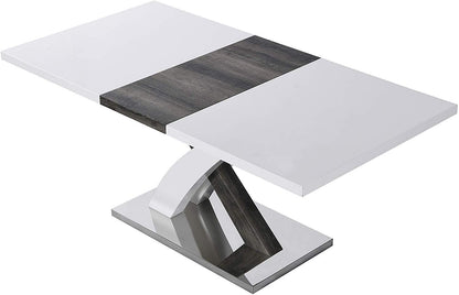 Table à manger extensible BASEL blanc brillant 6 à 8 places avec base en acier inoxydable