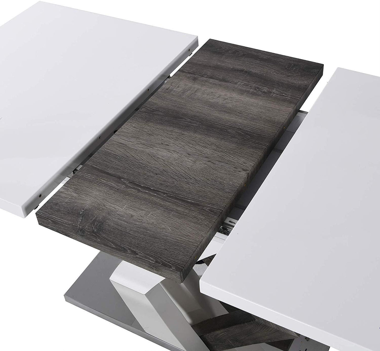 Table à manger extensible BASEL blanc brillant 6 à 8 places avec base en acier inoxydable