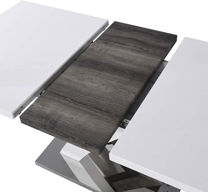 Table à manger extensible BASEL blanc brillant 6 à 8 places avec base en acier inoxydable