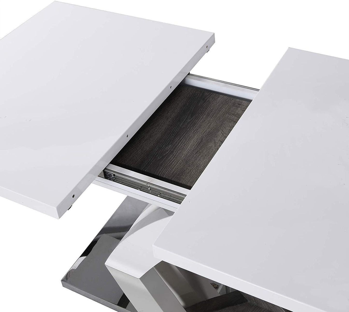 Table à manger extensible BASEL blanc brillant 6 à 8 places avec base en acier inoxydable