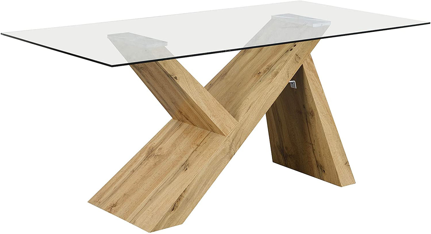 Table à manger effet chêne Orillia 160 cm avec plateau en verre transparent