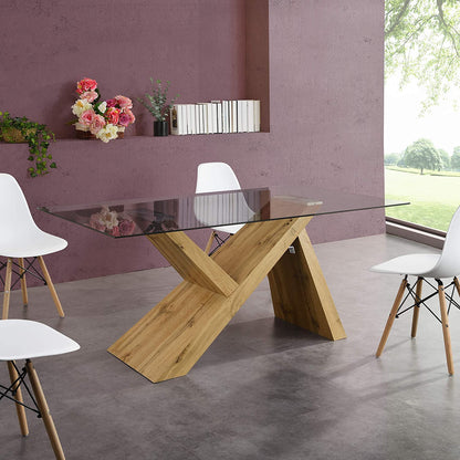 Table à manger effet chêne Orillia 160 cm avec plateau en verre transparent