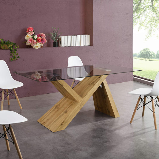 Table à manger effet chêne Orillia 160 cm avec plateau en verre transparent