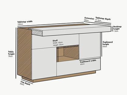 Bureau ou buffet 2 en 1 Yukon blanc brillant avec plateau extensible