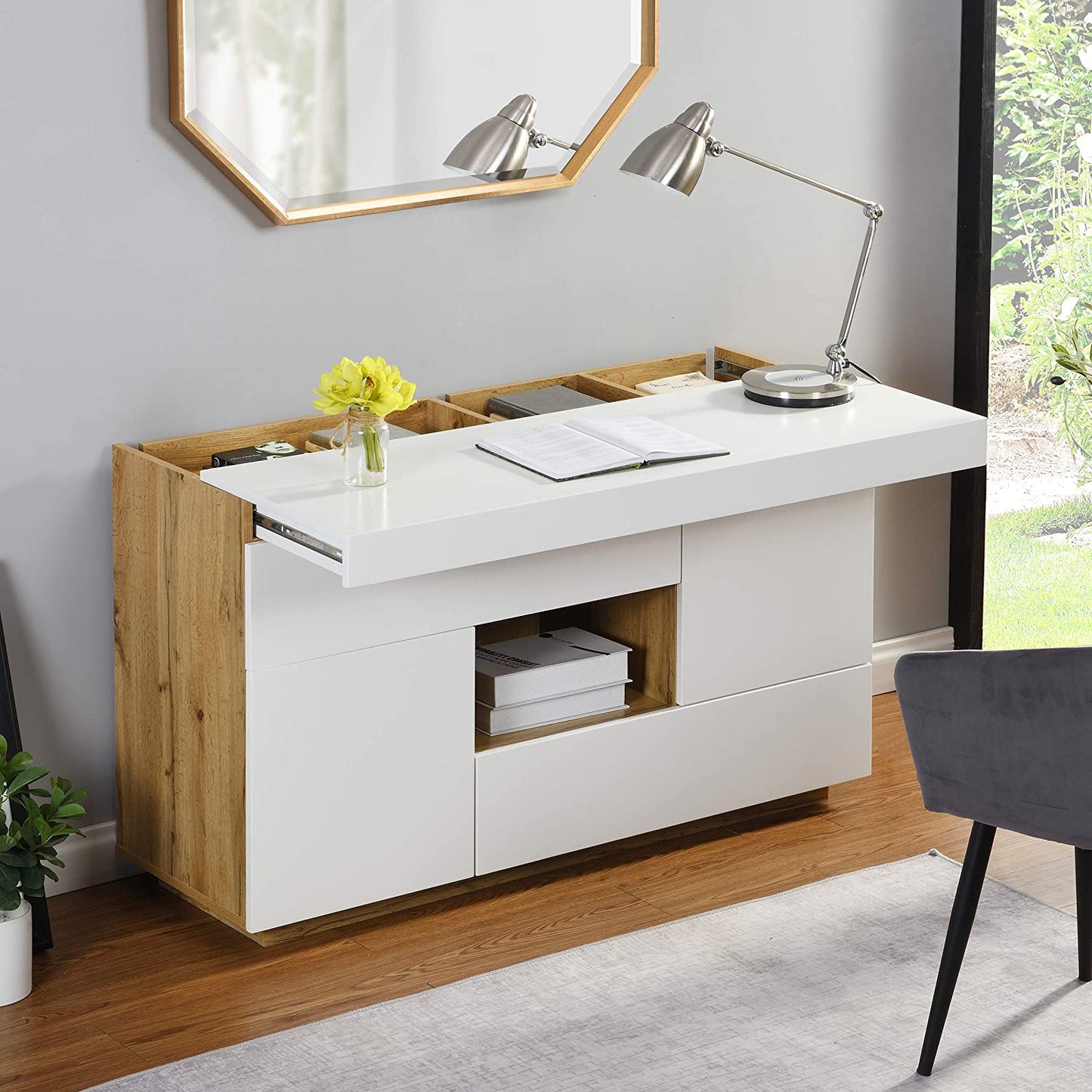 Bureau ou buffet 2 en 1 Yukon blanc brillant avec plateau extensible